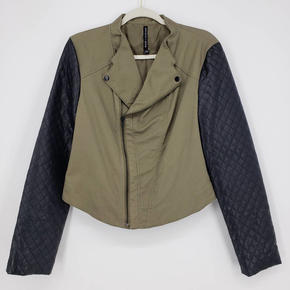 Walter Baker Bennett Moto Jacket L Asymmetrical Zip Up Faux Leather Green Black - Picture 1 of 11